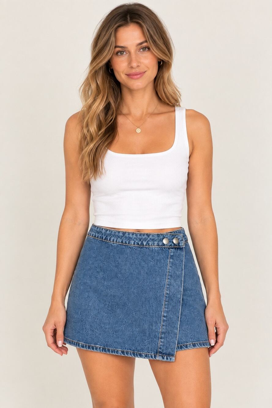 ASOS Denim UK 12 Blue Denim Wrap Mini Skirt Snap Front
